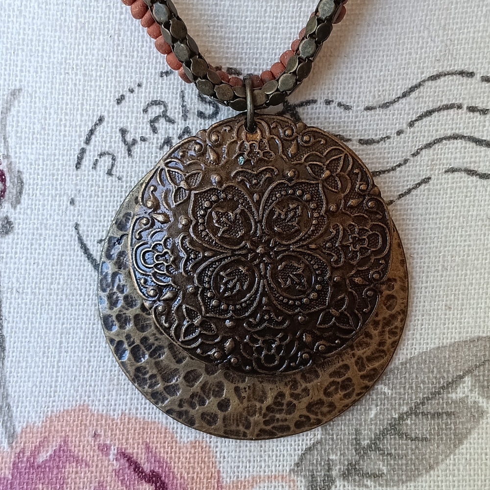 + Vintage bronze double circle pendant statement necklace